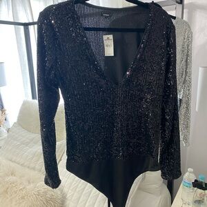 Express Black Sequin V-Neck Bodysuit